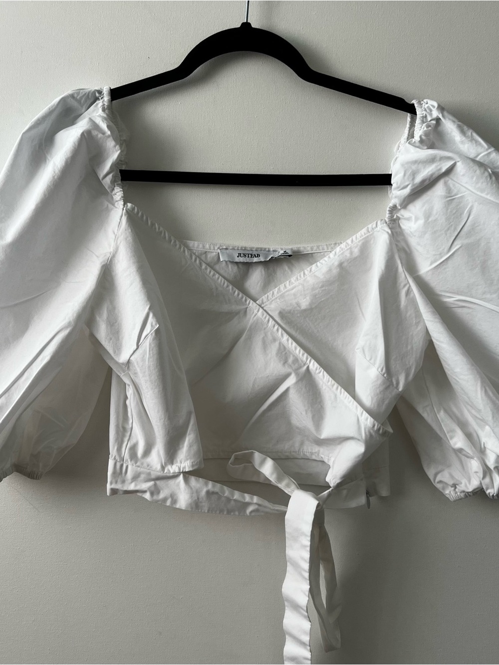 JustFab White Puff-Sleeve Wrap Crop Blouse